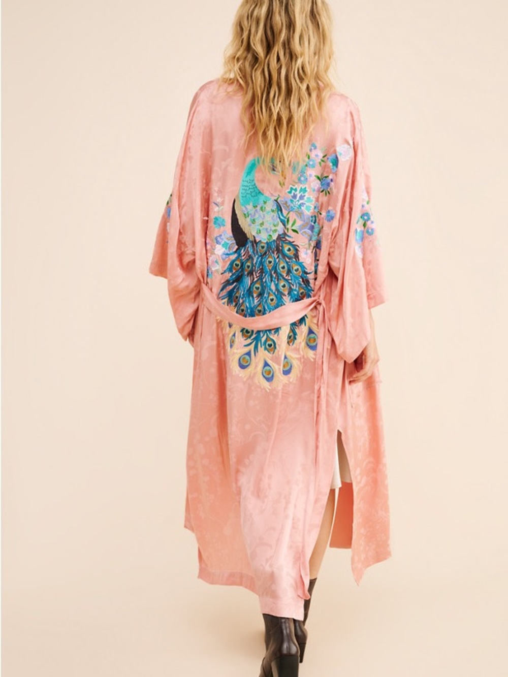 Spell Pink Satin Peacock-Embroidered Kimono Robe